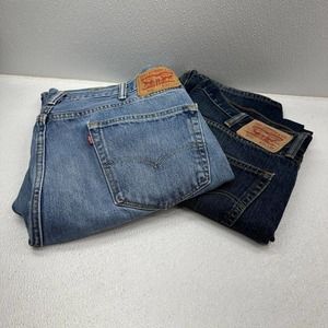 Lot of 2 Levi' 505 Jeans Men's 38x34 Regular Fit Blue & Black Denim Straight Leg